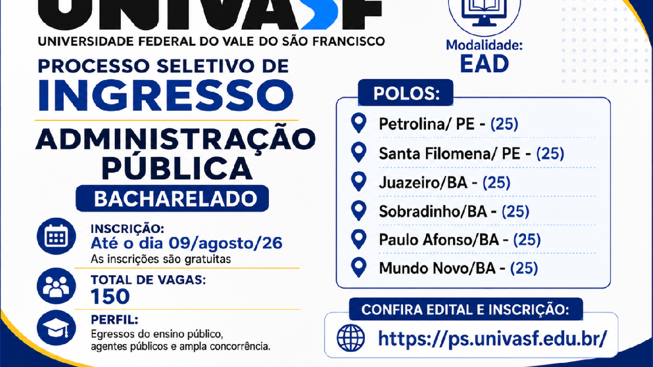 UNIVASF OFERECE 150 VAGAS GRATUITAS PARA BACHARELADO EM ADMINISTRAÇÃO PÚBLICA EAD