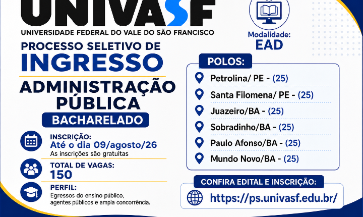UNIVASF OFERECE 150 VAGAS GRATUITAS PARA BACHARELADO EM ADMINISTRAÇÃO PÚBLICA EAD