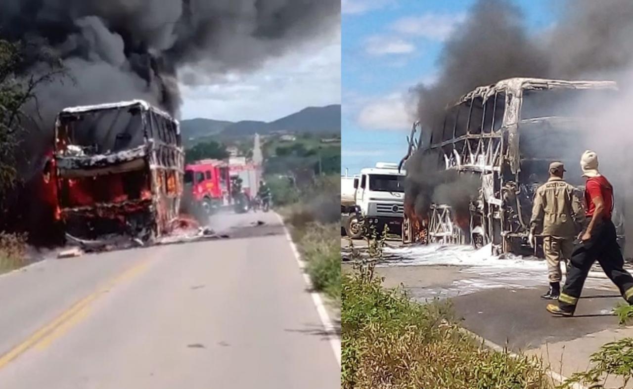 Ônibus de turismo pega fogo na PE-320, entre Calumbi e Serra Talhada, PE
