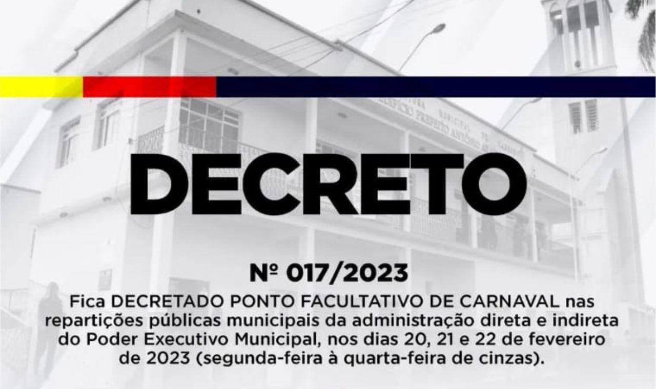 PREFEITURA DE CABROBÓ DECRETA PONTO FACULTATIVO DE CARNAVAL NOS DIAS 20, 21 E 22 DE FEVEREIRO DE 2023