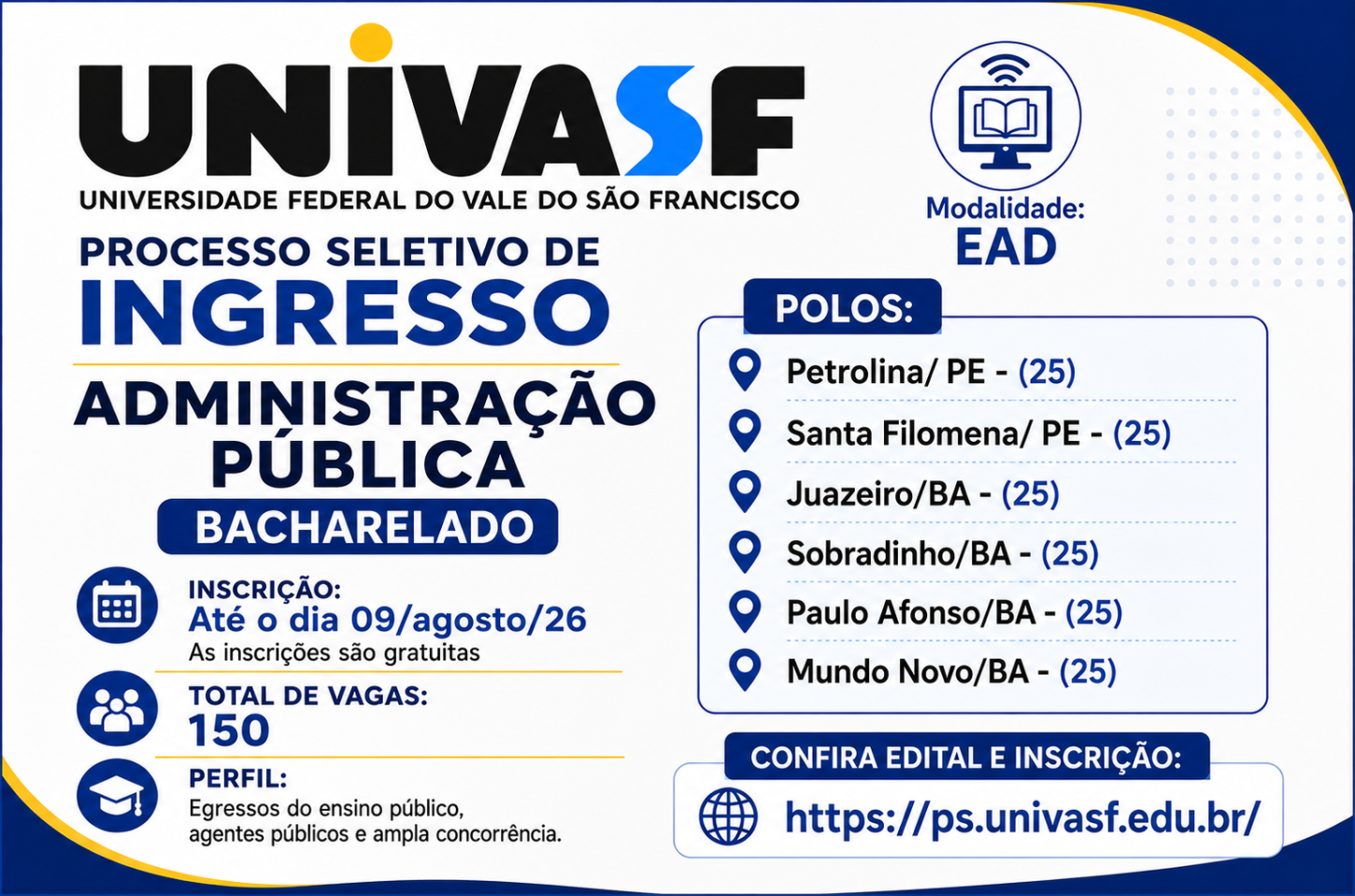 UNIVASF OFERECE 150 VAGAS GRATUITAS PARA BACHARELADO EM ADMINISTRAÇÃO PÚBLICA EAD